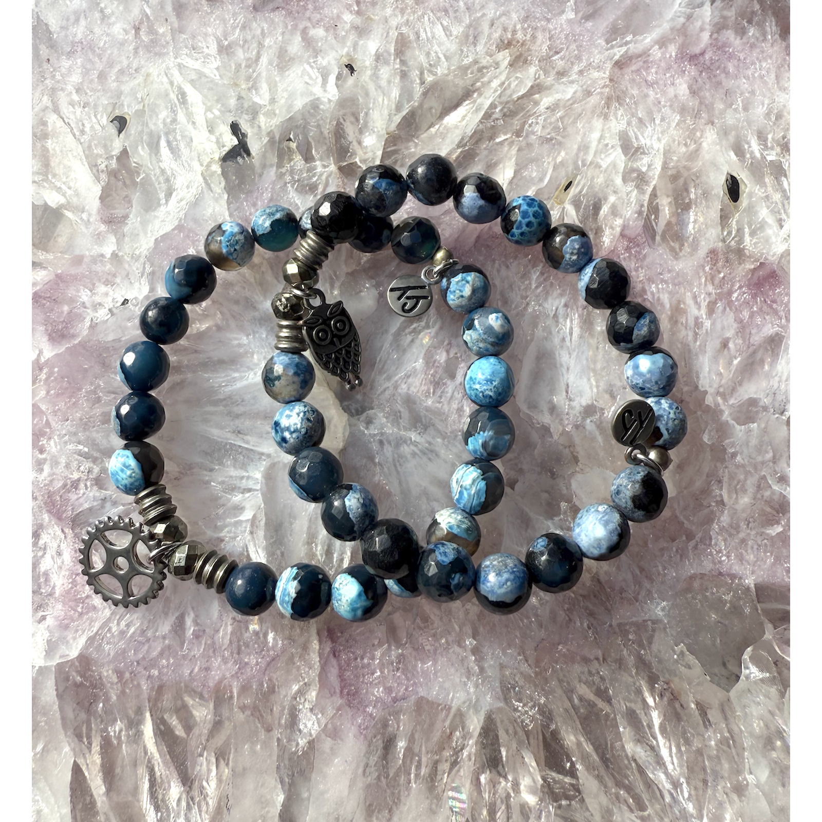 T Jazelle Set Of 2 Denim Blue Agate Gemstone Stone Stretch Charm Bracelets